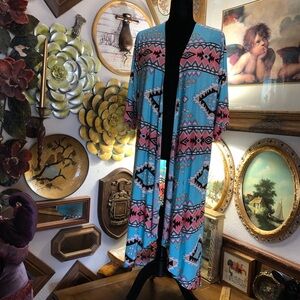 Multicolor LAMES C. Aztec Long Duster/Cardigan Tribal Print Kimono Cardigan SZ M
